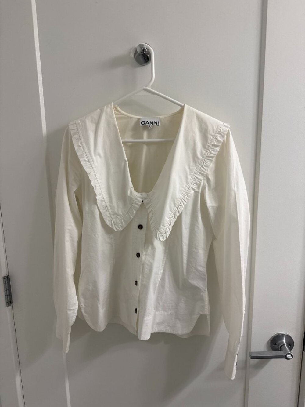 GANNI White Ruffle Collar Button-Down Blouse Cotton Size 34 XS
